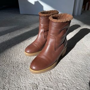 Like new Teddy-lined, mid-calf brown leather Theory boots. Size 39/8/8.5